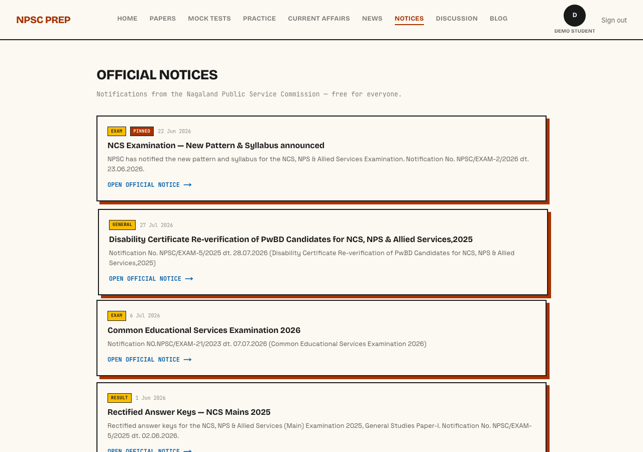 NPSC Prep official notices page