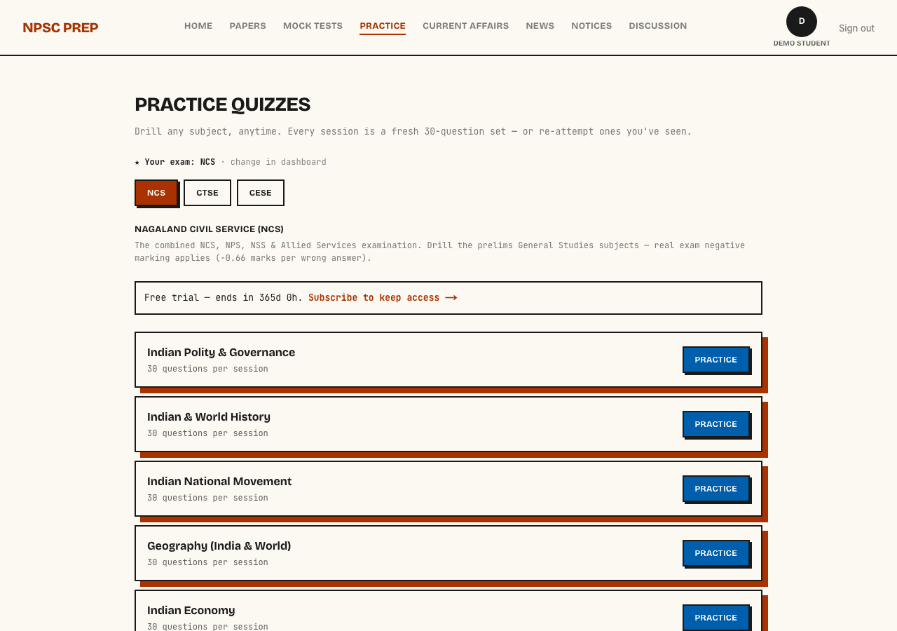 NPSC Prep subject picker