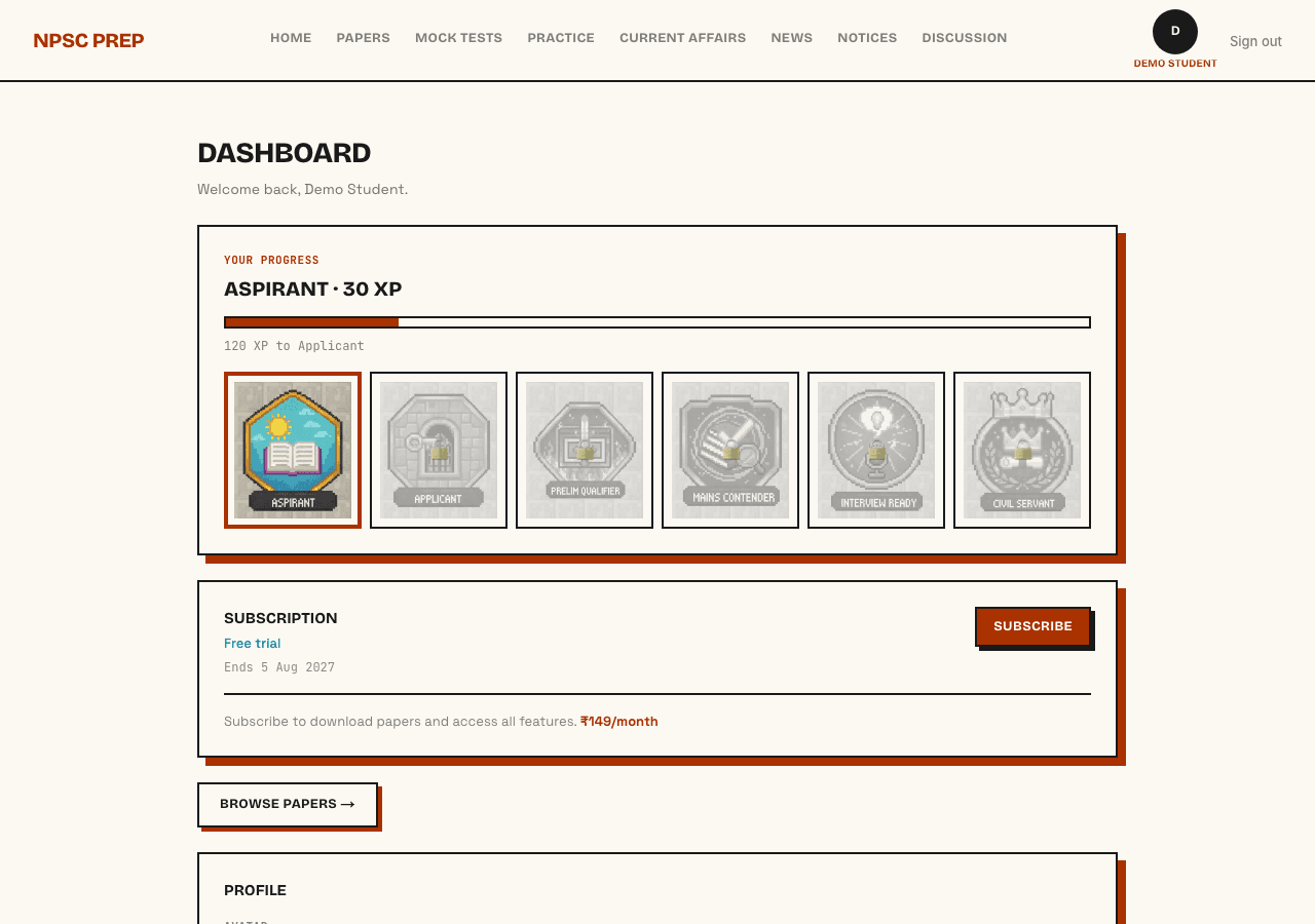 NPSC Prep XP and level progress bar with badges